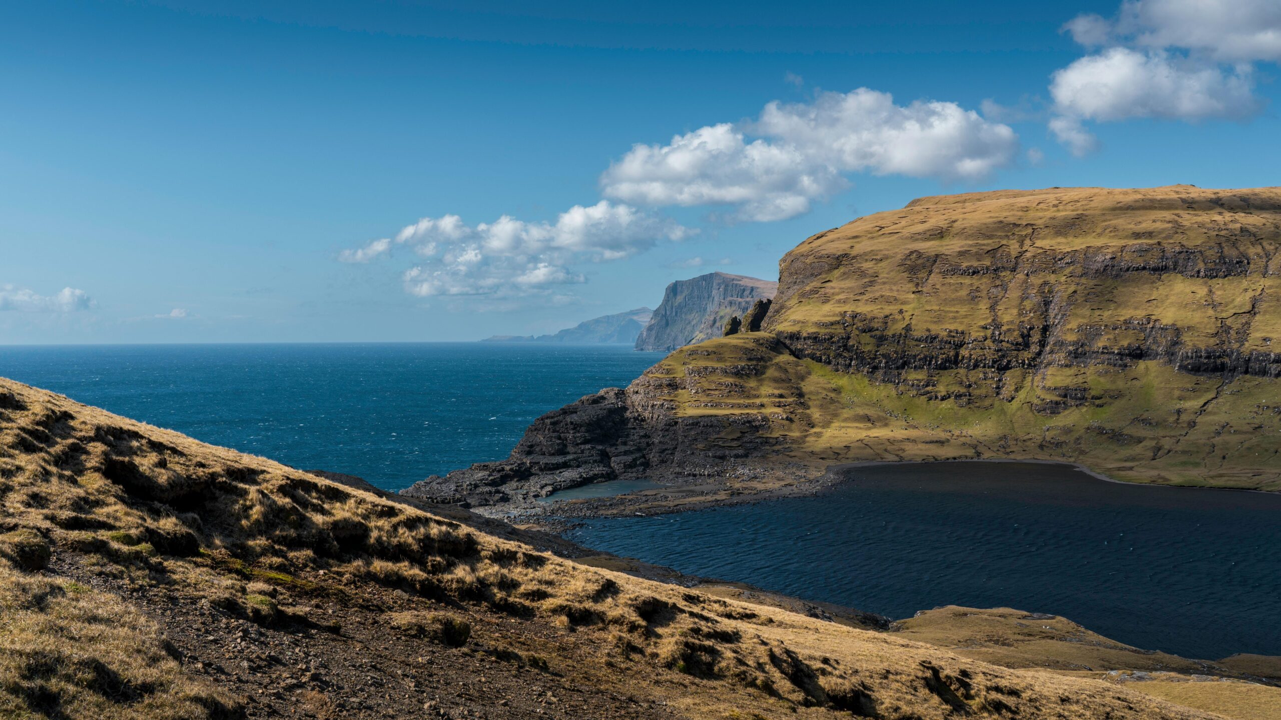 Atemberaubende Landschaft mit moosbedeckten Meeresklippen auf den Färöer-Inseln unter einem klaren blauen Himmel.