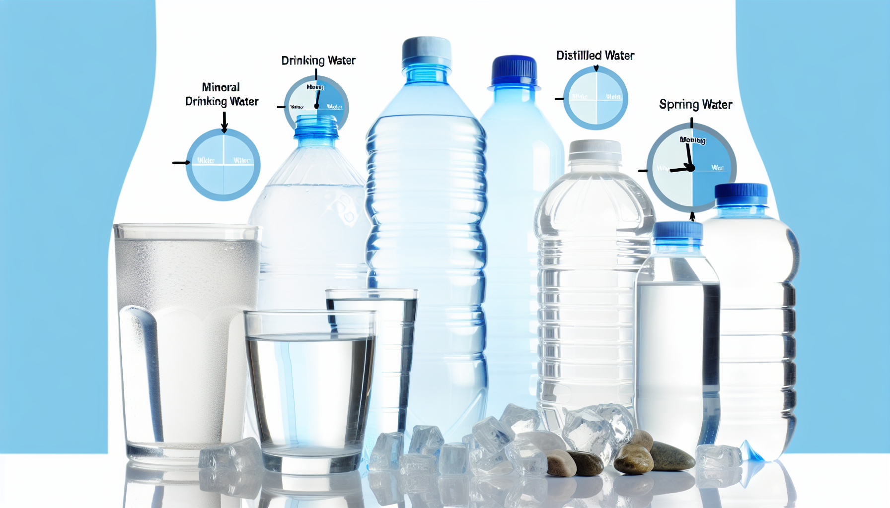 Eine visuelle Darstellung der Bedeutung des Trinkens von Wasser fÃ¼r die Erhaltung von Gesundheit und Fitness. Verschiedene Arten von Trinkwasser, wie Mineralwasser, destilliertes Wasser und Quellwasser, werden in unterschiedlichen BehÃ¤ltern prÃ¤sentiert, um ihre Eigenschaften widerzuspiegeln. AuÃŸerdem wird ein typischer Tagesablauf dargestellt, der ideale Zeiten fÃ¼r den Wasserverbrauch anzeigt, wie morgens, mittags und abends, zusammen mit den jeweiligen gesundheitlichen Vorteilen.